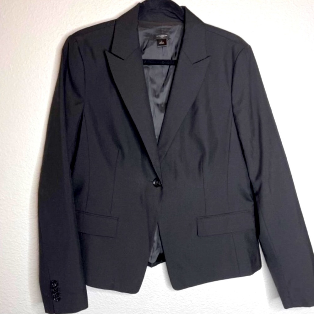 Ann Taylor Fitted Part Wool One Button Lined Blazer Coat Jacket Black Size 14